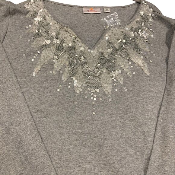 Quaker Factory Womens Gray Sequined V Neck Top 3X Boho Luxe Casual Glam Party - Picture 7 of 7